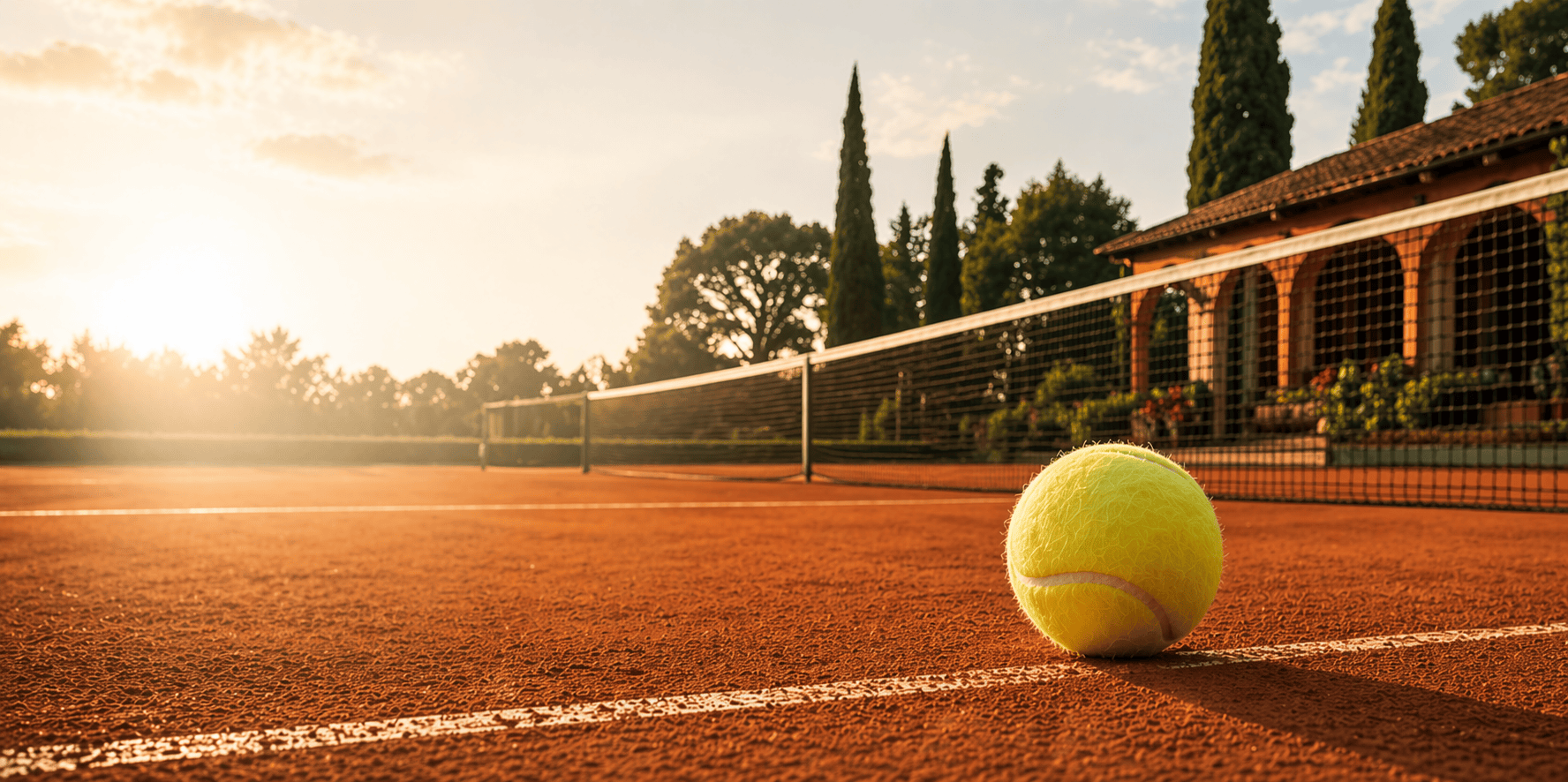 Clay tennis court with a ball at golden hour