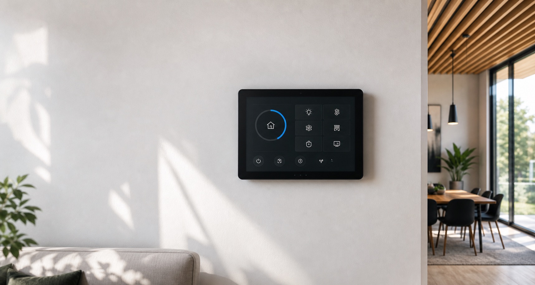 Panou de control smart home într-un spațiu modern de locuit