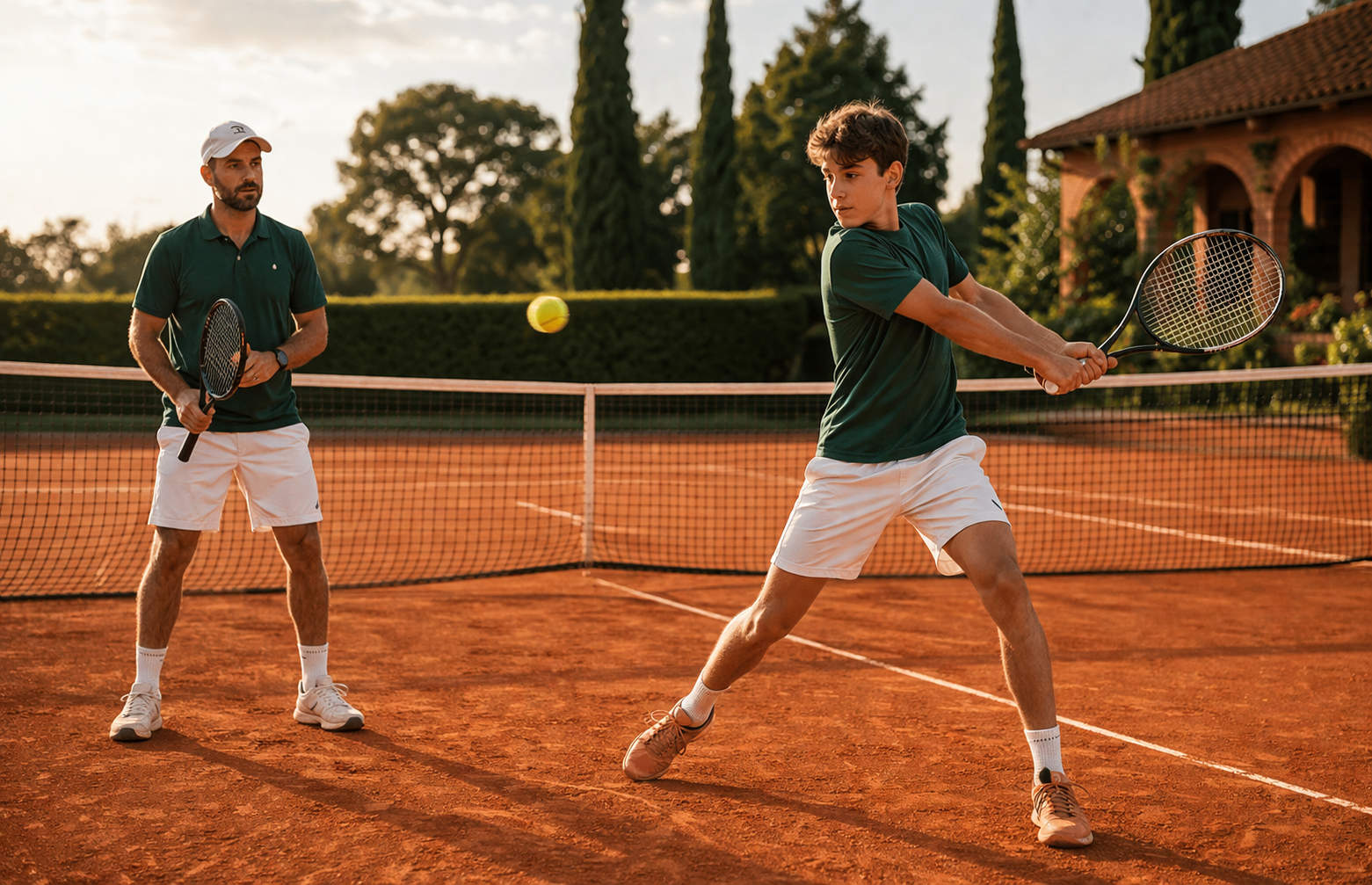 Student hitting a tennis ball while teacher is watching